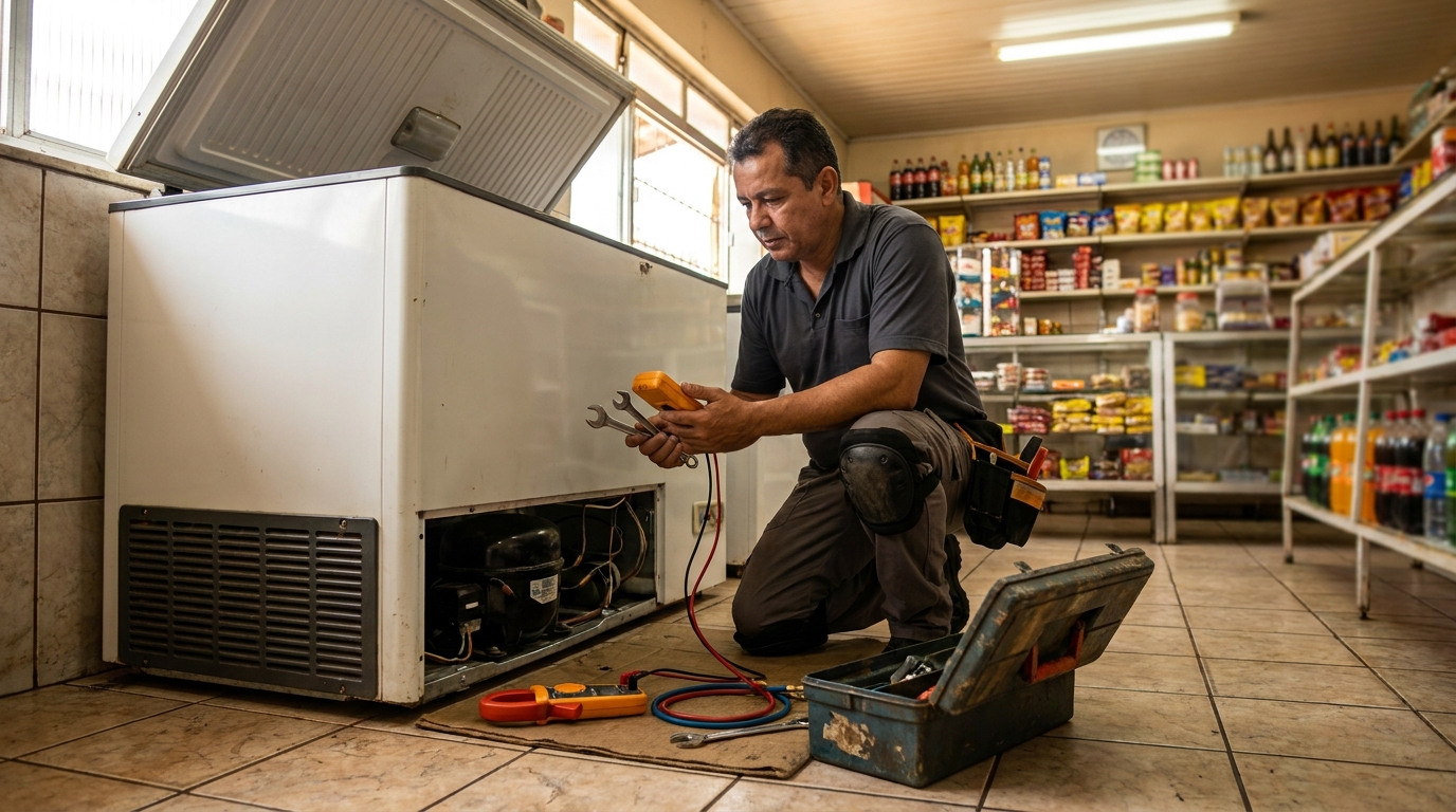 Técnico realizando manutenção de motor de freezer em Marília‑SP