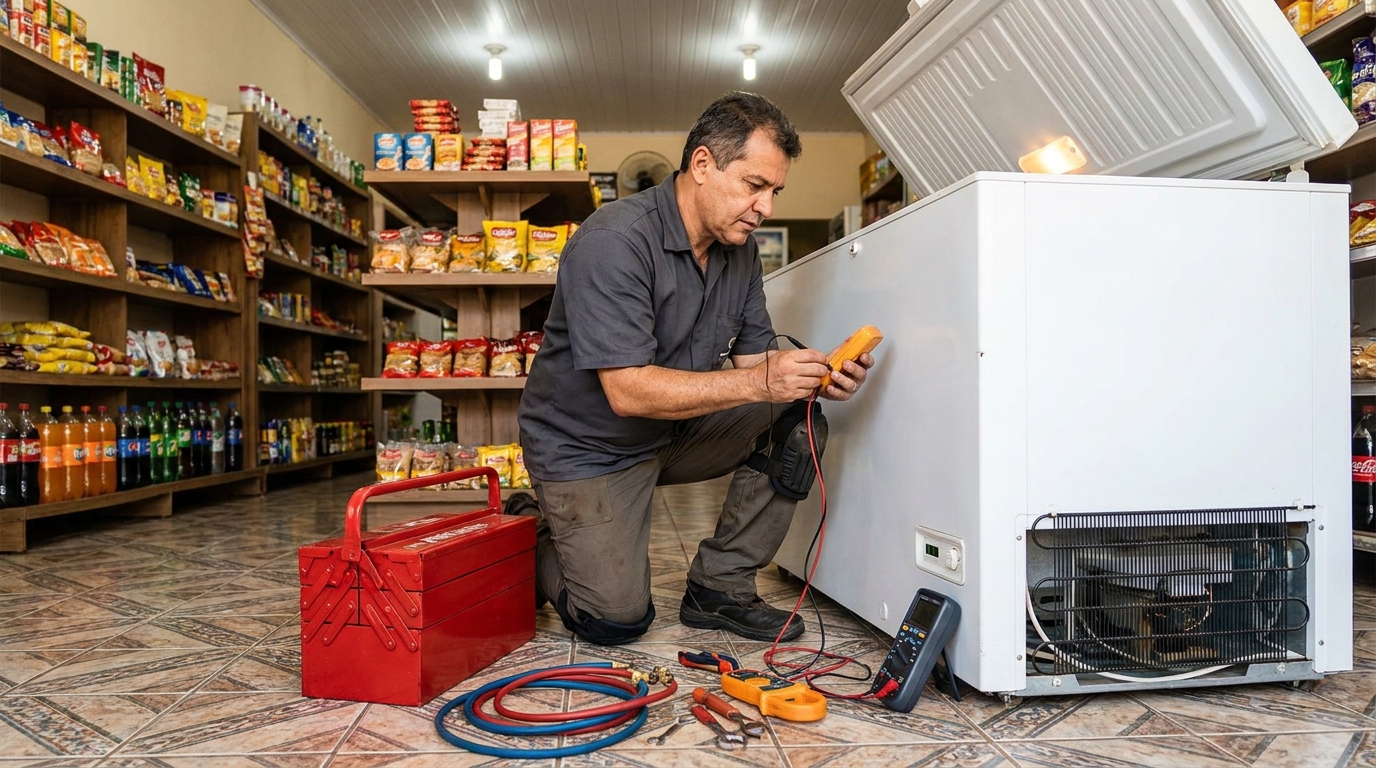 Recarga de gás refrigerante em freezer em atendimento em Marília‑SP
