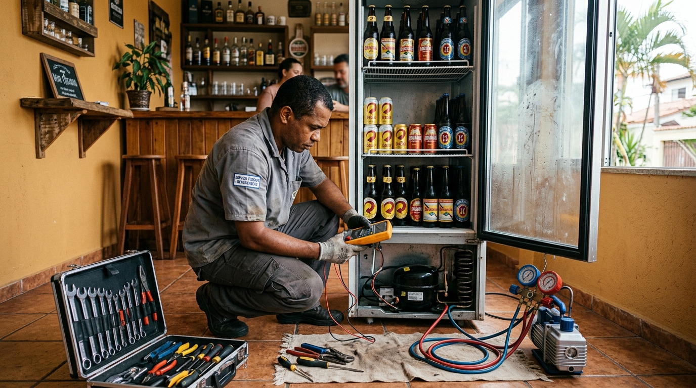 Troca de termostato de cervejeira em atendimento técnico em Marília‑SP